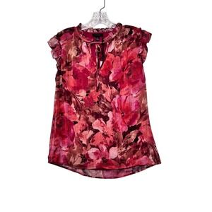 Tamara H Floral Ruffle Neck Tie Sheer Blouse‎ Pink Brown Top M/M